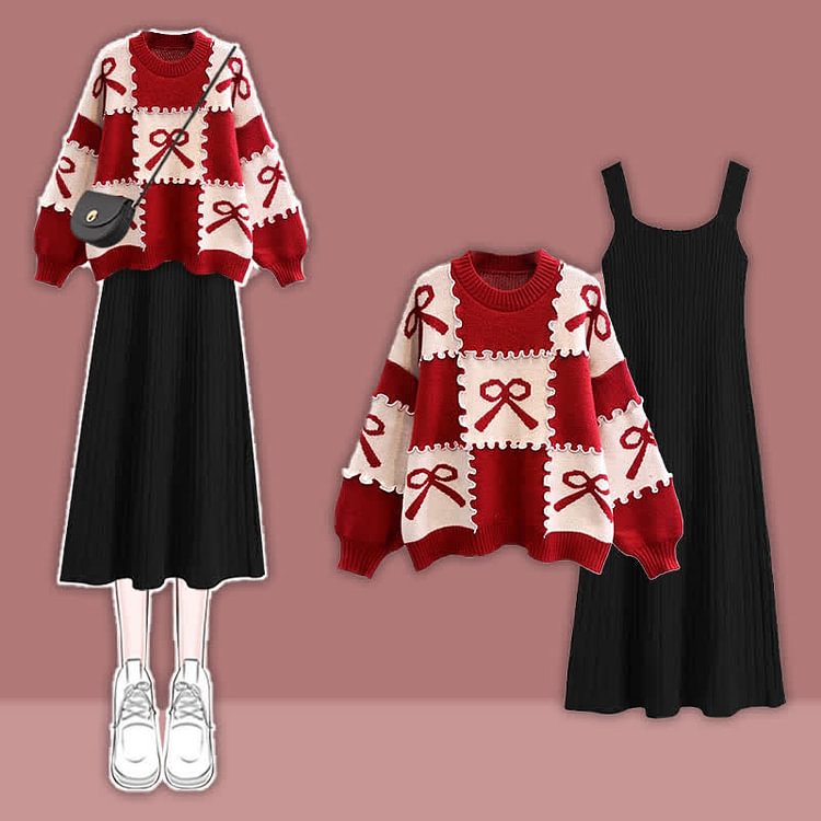 Bow Knot Print Colorblock Sweater Slip Dress Two Pieces Set - Modakawa modakawa
