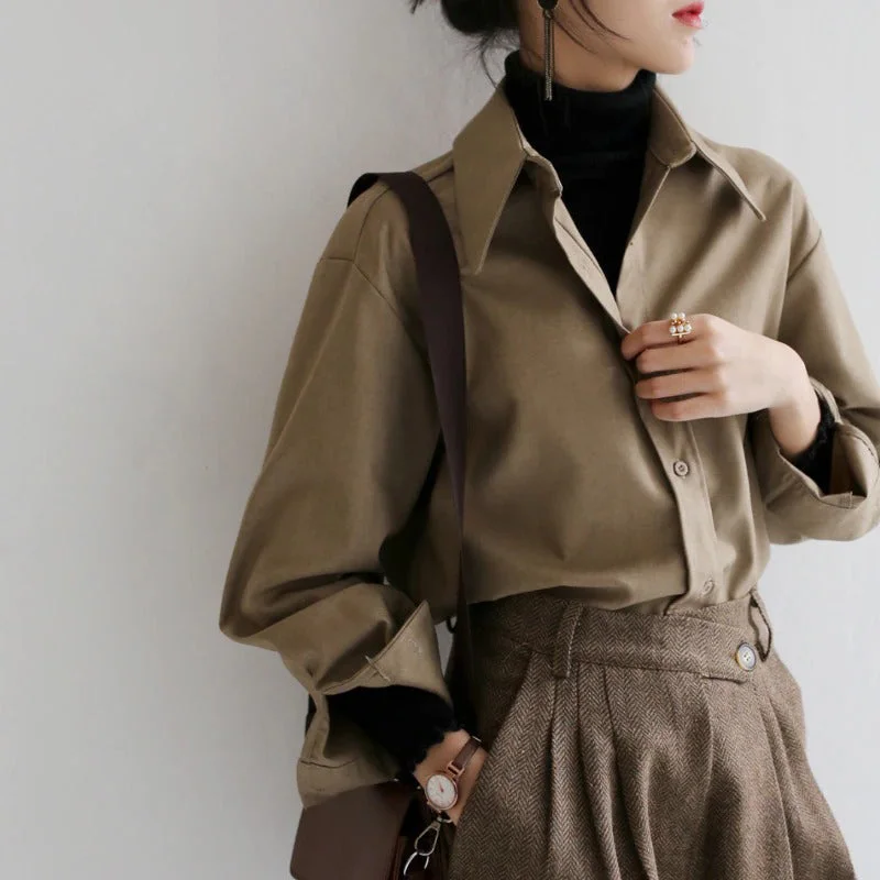 Casual Solid-Colored Turn-down Collar Long Sleeve Blouses
