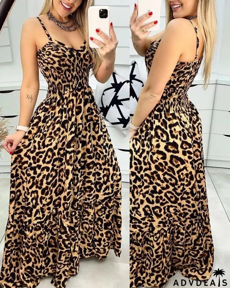 Summer Leopard Print V Neck Dress High Waist Sexy Chic Fashion Long Dress