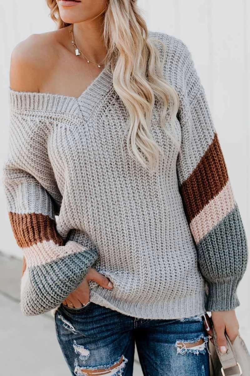 Abebey V-Neck Lantern Sleeve Striped Color-Block Sweater