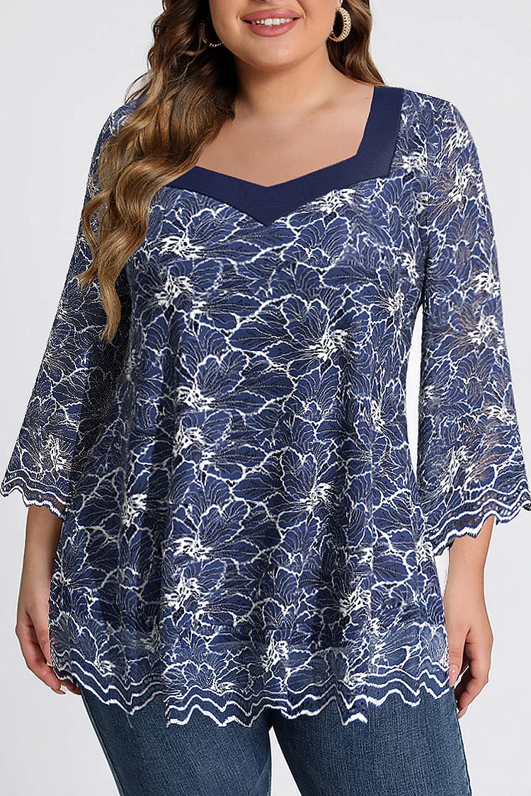 Flycurvy Plus Size Casual Navy Blue Lace Wavy Square Neck Flare Sleeve Blouse  Flycurvy [product_label]