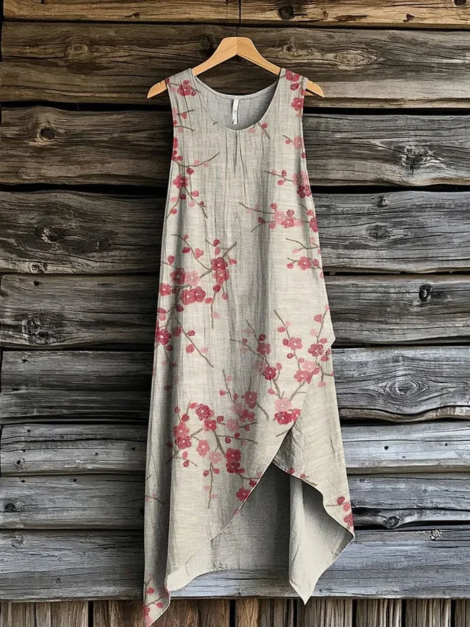Women's vintage floral print linen blend vest skirt 