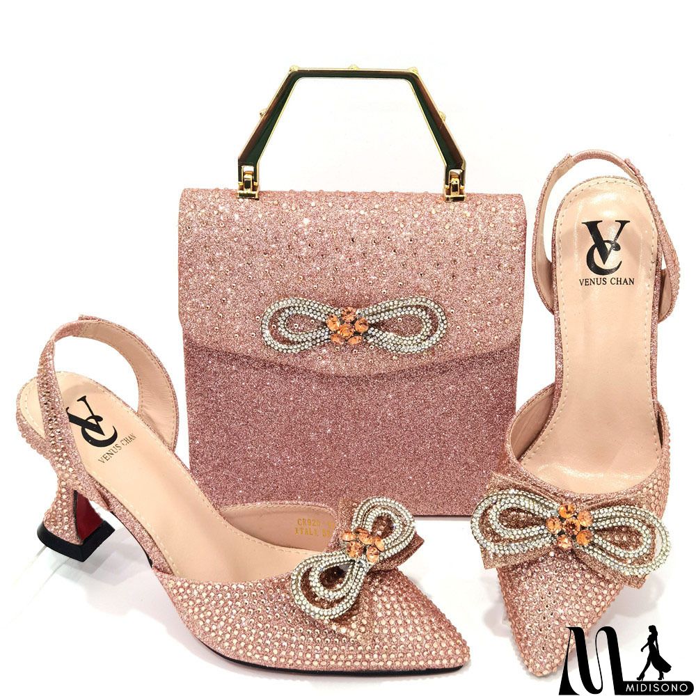MidiSono - Women Fashion Pointed Toe Rhinestone High Heel Sandals With Evening Bag Set