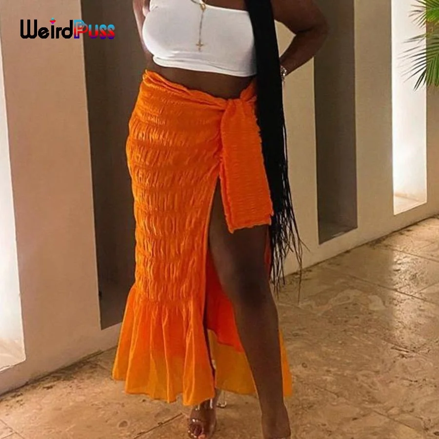 Weird Puss Pleated Bandage Mid Skirt Women Sexy Oversized Elastic Side Split Summer Party Vacation Clubwear Beach Style Outfits