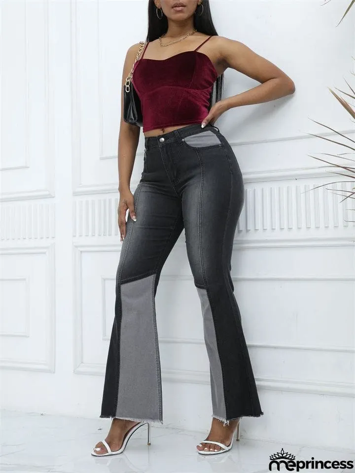 Trendy Sexy High-rise Contrast Color Women's Denim Flare Pants