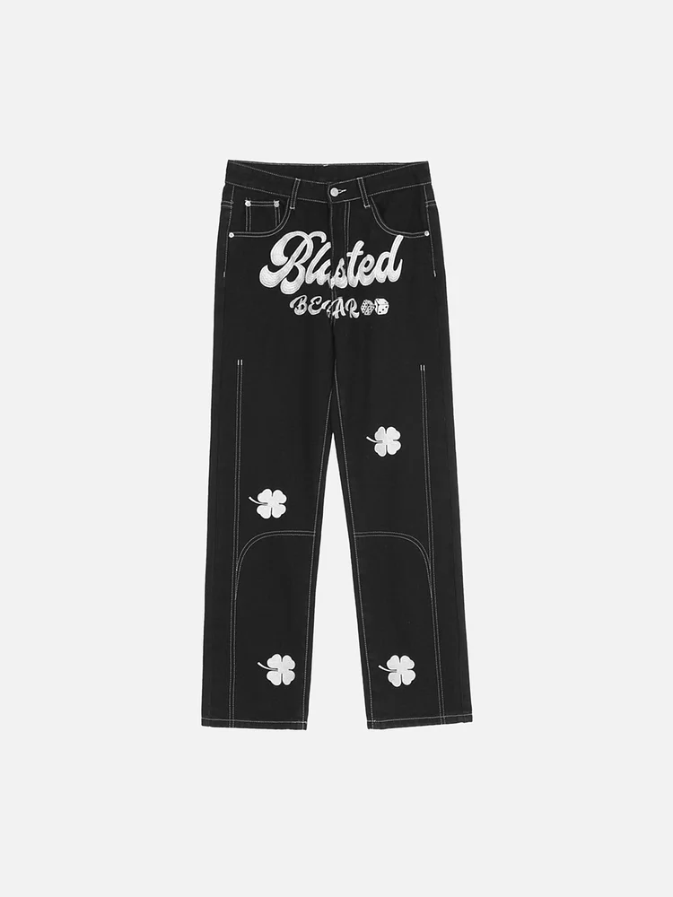 Letter and Lucky Clover Embroidered Jeans
