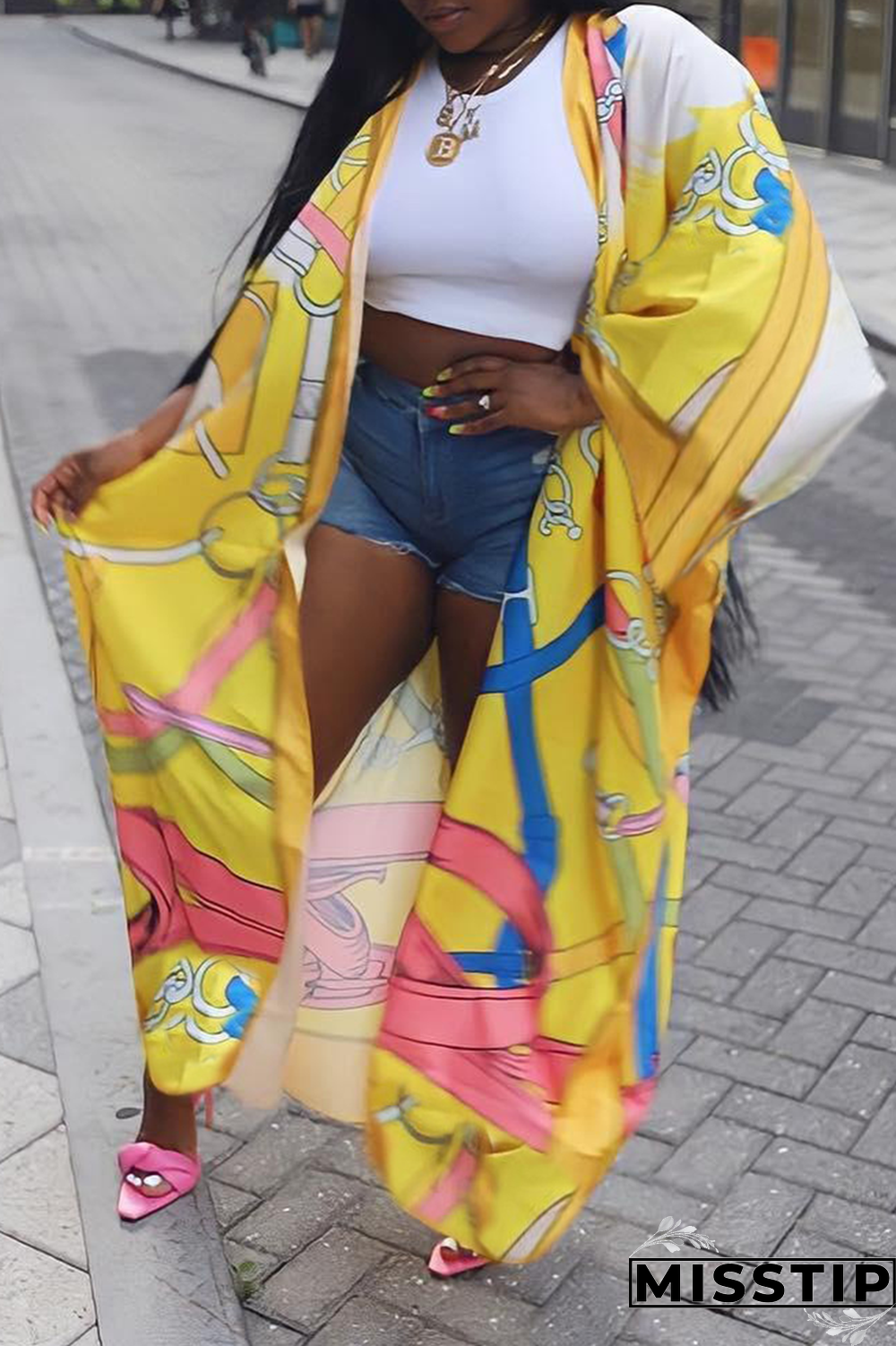 Yellow Casual Print Bandage Cardigan Collar Outerwear