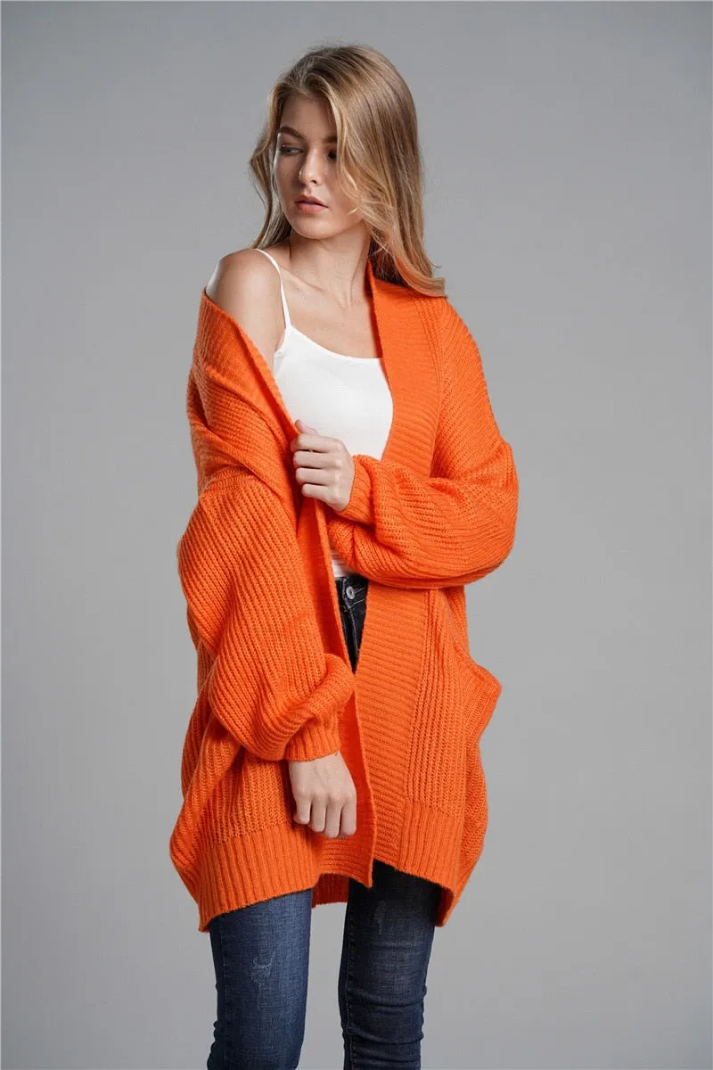 Fitshinling 2020 Winter Cardigans Outerwear Coat Pockets Orange Oversized Women's Knitted Jacket Sweater Long Cardigan Female