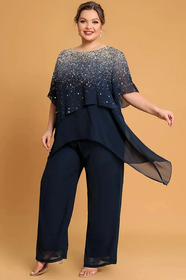 Flycurvy Plus Size Formal Navy Blue Chiffon Sparkly Print Asymmetric Hem Two Piece Pant Suit  Flycurvy [product_label]