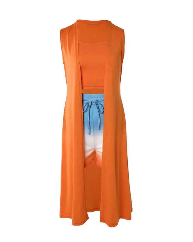 Brownm Crop Womens Outifits 2023 Spring Fashion U-Neck Sleeveless Tank Top & Casual Ombre Above Knee Shorts Set with Vest Coat