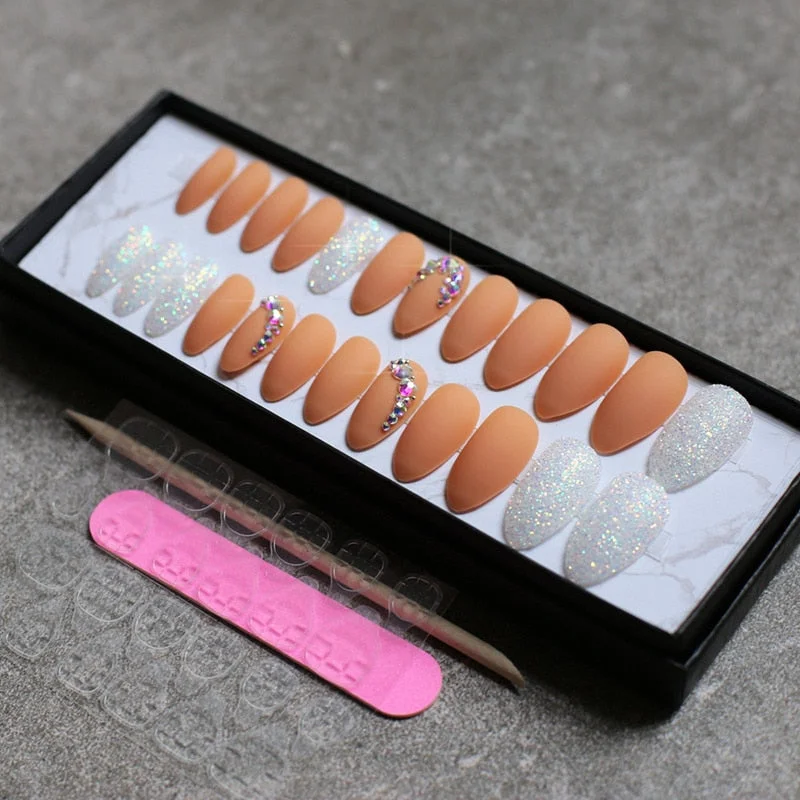 Matte glitter art nails box Match press on nails Burgundy AB rhinestone fasle nails stiletto Custom nails white blue pink-Nail Inspo