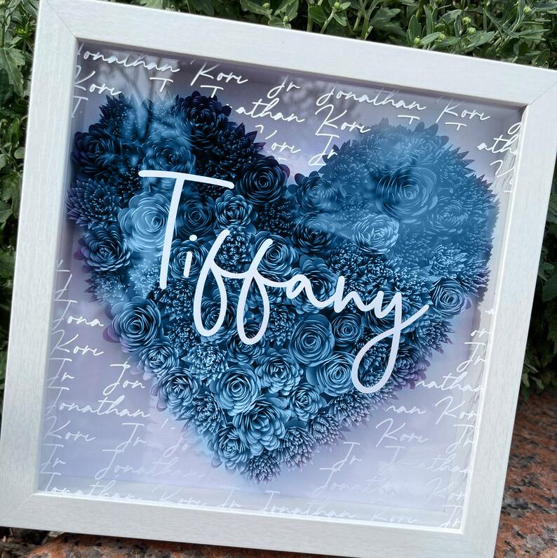 Vangogifts Personalized Names Blue Purple Pink Heart Shaped Flower Shadow Box Best Gifts for Grandmother Mothe 