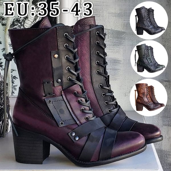 Fashion Boots for Women Vintage Leather Stitching Heel Boots Outdoor Pointed Mid-calf Cowboy Boots Tooling Motorcycle Boots Plus Size - Shop Trendy Women's Fashion | TeeYours