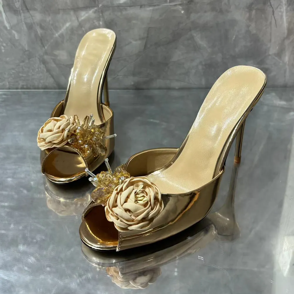 Women's 100mm High Heels Elegant Gold Floral Mules Sandals Stilettos For Wedding Party