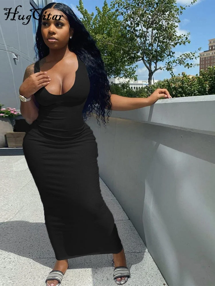 Hugcitar 2021 Sleeveless Solid Square Collar Ribbed Skinny Maxi Dress Spring Summer Women Fashion Sexy Streetwear Lounghe Wear