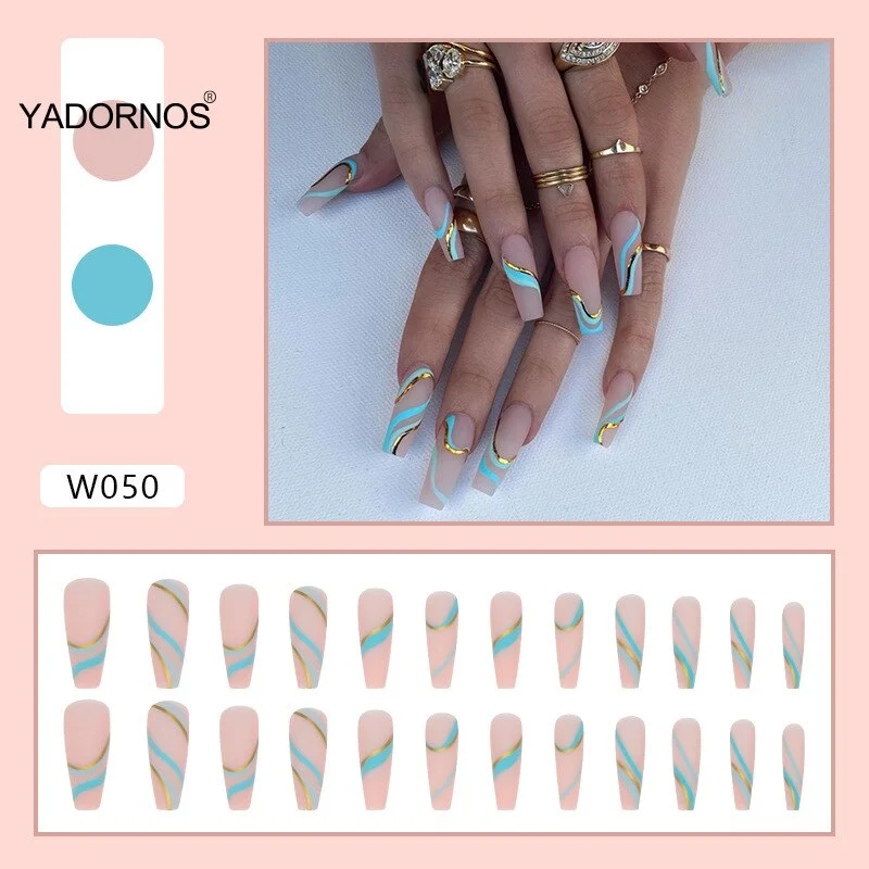 24 Pcs Press On Nails Coffin Nail Piece Long False Nails Flat Tip Stripe Patterns Stick On Matte Nail Patch Art Nail Salon