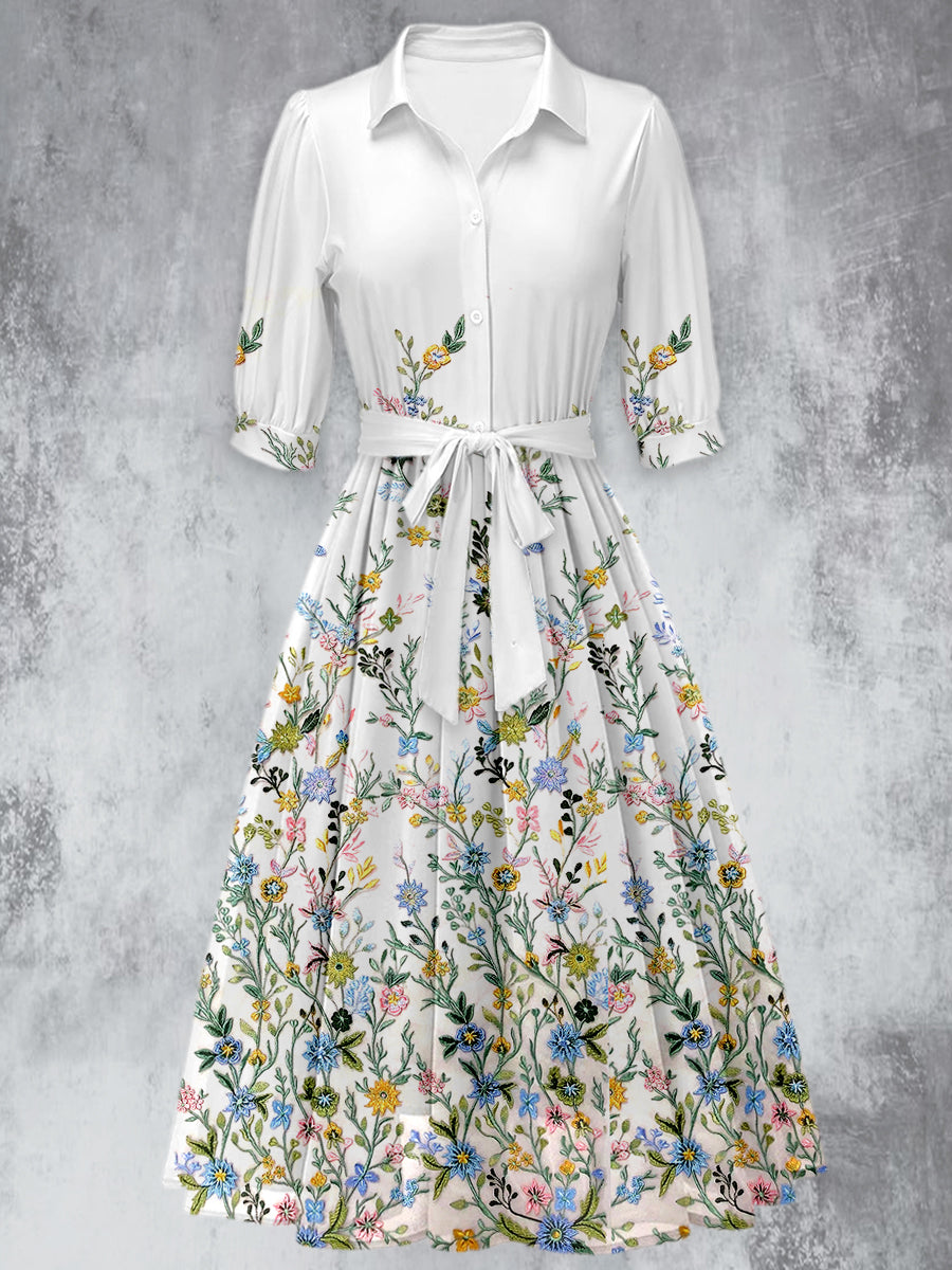 Retro Floral Print 50's Short Sleeve Lapel Collar Maxi Dress