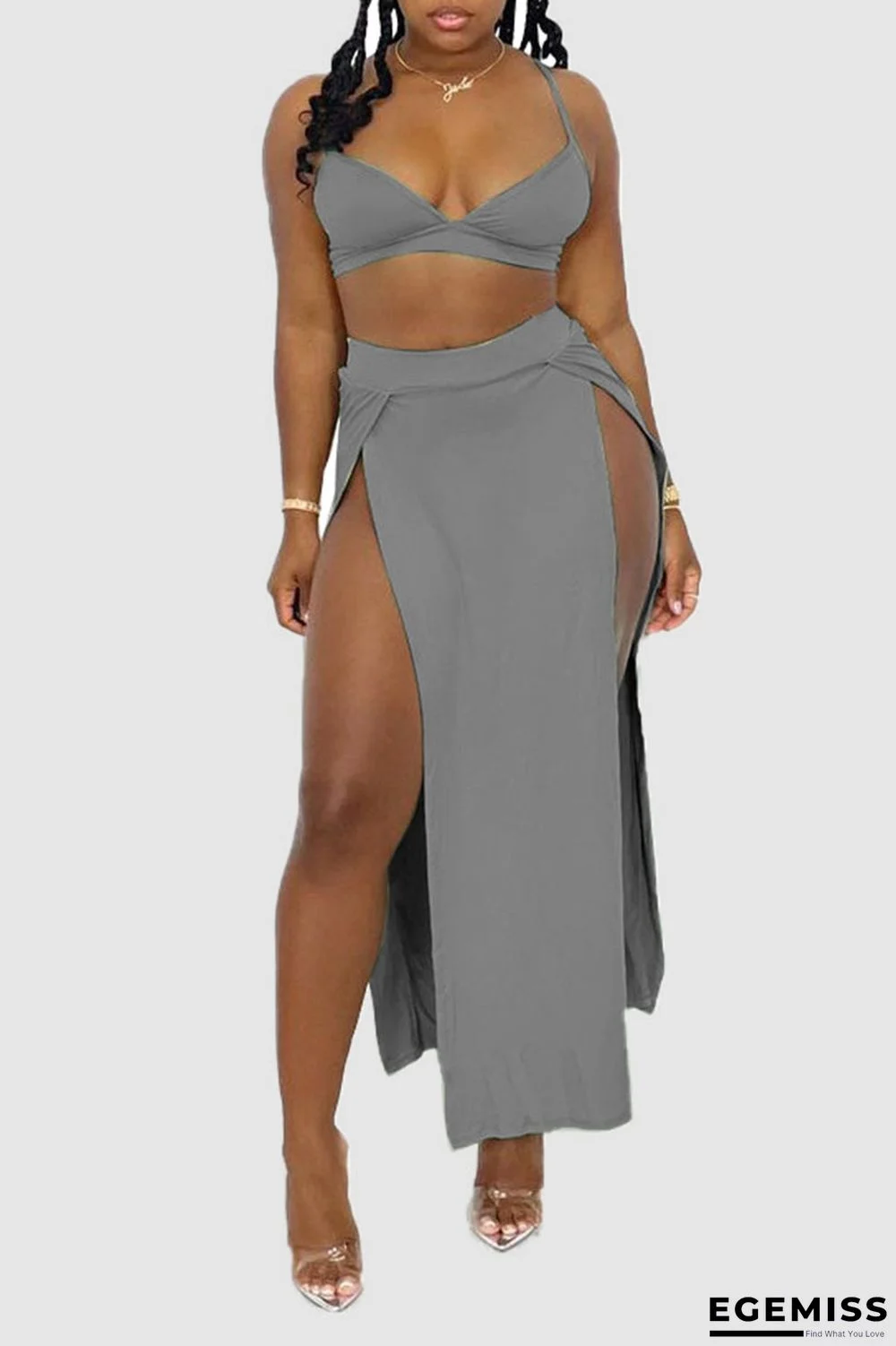Grey Fashion Sexy Solid Backless Slit Spaghetti Strap Sleeveless Two Pieces | EGEMISS
