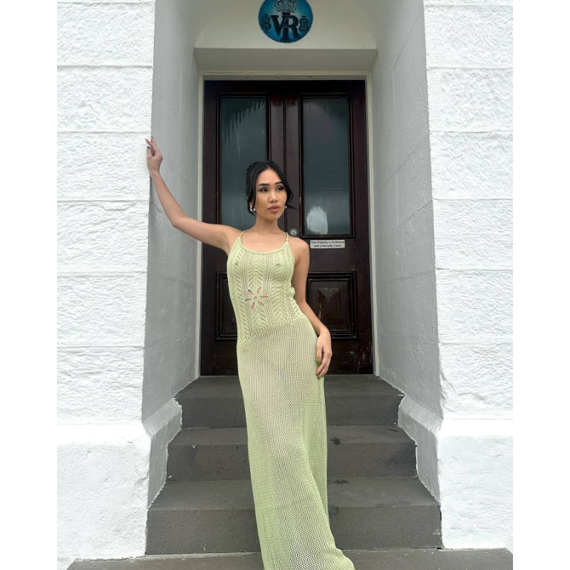 Ootddress Summer Knit Bandage Maxi Dress Female Hollow Out See-Through Printed High Waist Backless Beach Holiday Women Long Dress