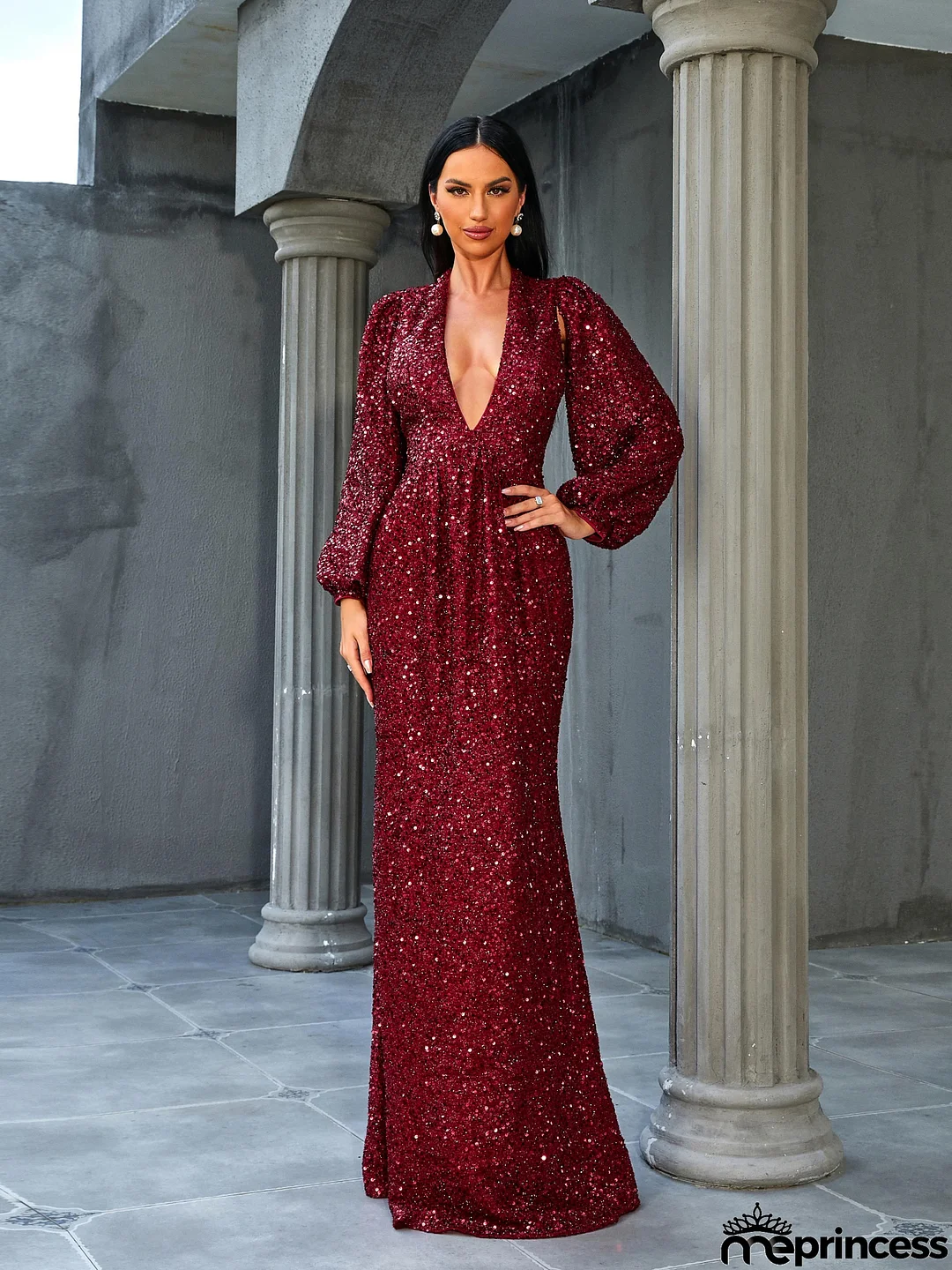 Deep V Neck Cutout Pleated Mermaid Prom Dress RJ10368
