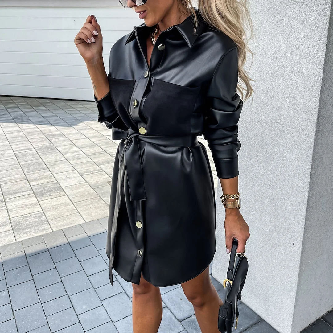 ABEBEY Fall Winter Office Lady PU Leather Shirts Dress with Belt Casual Elegant Women Turn down Collar Button Up Mini Dress