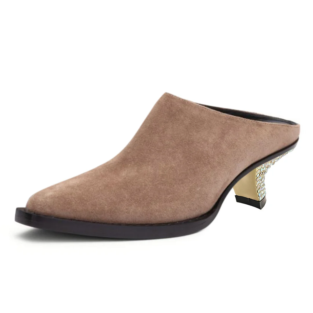 Brown Vegan Suede Rhinestone Sculptural Heel Mule Shoes for Women
