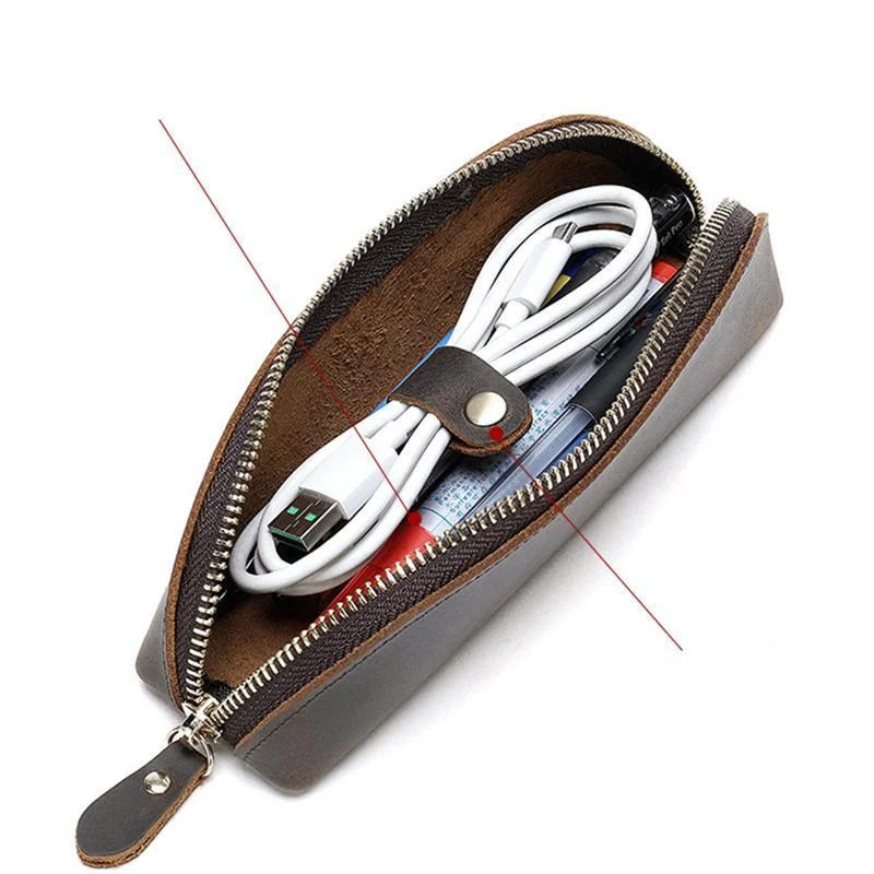 Genuine Leather Zippered Main Compartment Mobile Office Pencil USB Pouch Protection Bag