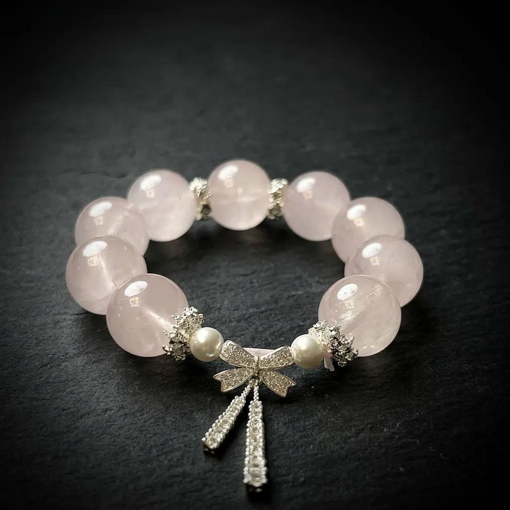JiStones Celestial Rose Quartz & Moissanite Bow Bracelet - Starlight Collection Signature Statement - 16mm Starlight Pink Quartz