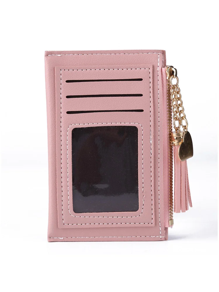 Fashion Women PU Leather Wallet Card Holder Love Tassel Mini Purse (Pink)