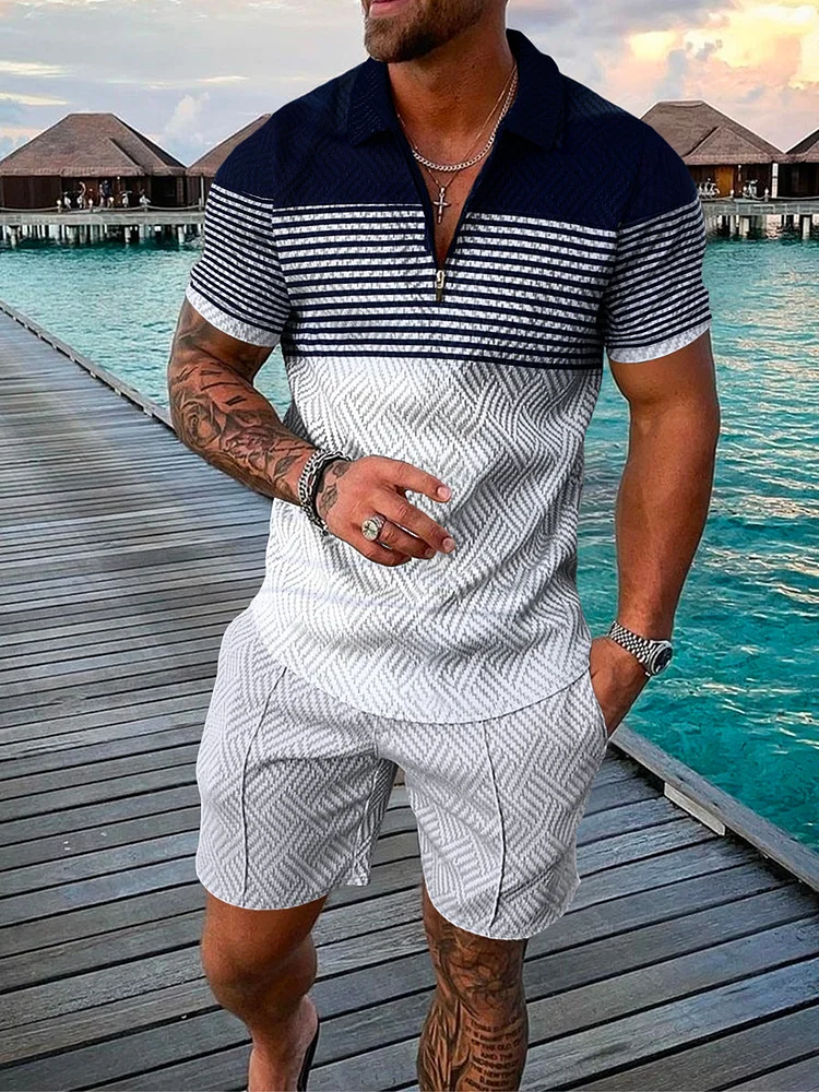 Men's Holiday Contrast Color Striped Printed Polo Suit