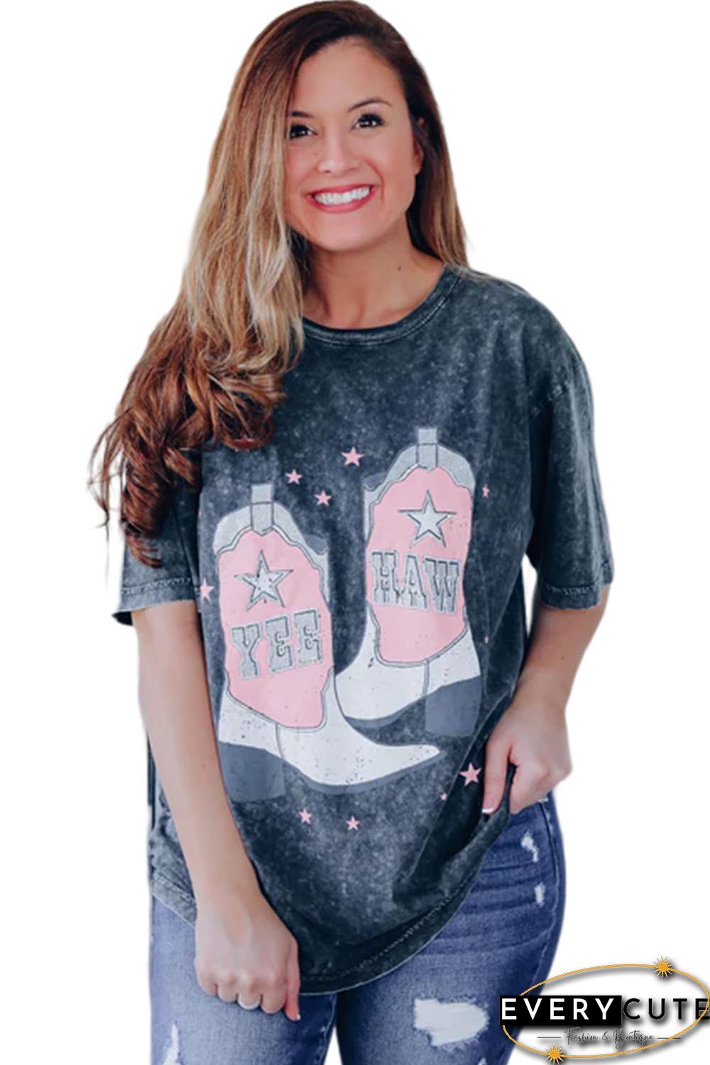 Black YEE HAW Boots Graphic Acid Wash Short Sleeve Top