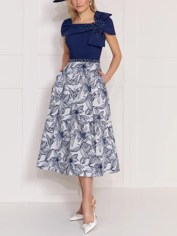 Square Collar Print Midi Dress