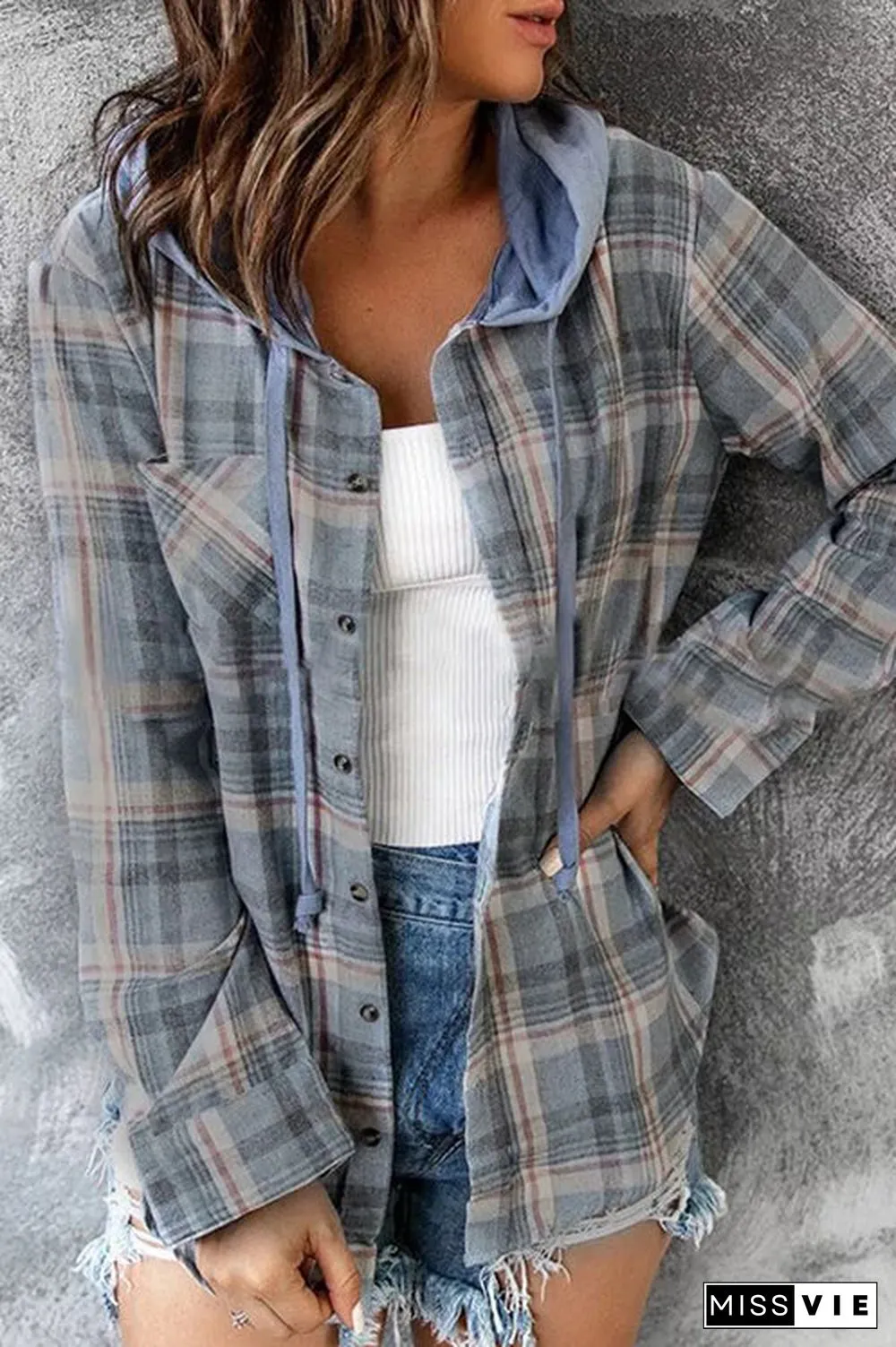 Flannel Plaid Button Down Hoodie Top