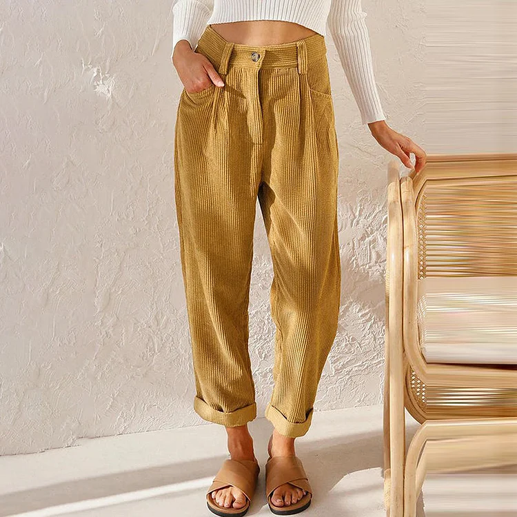 VChics Casual Solid Corduroy Loose Straight Leg Pants