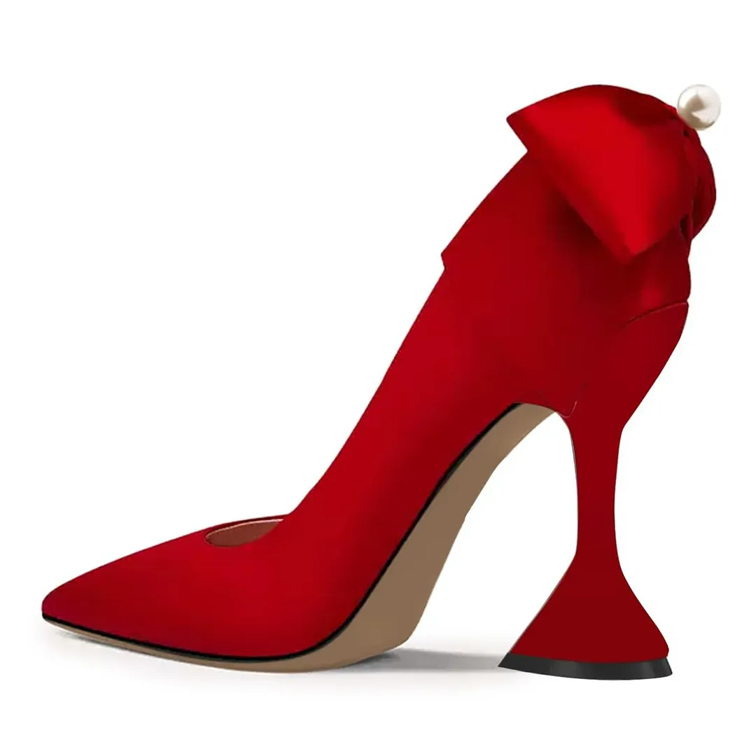 YDN Red Satin Pointed Toe Pearl Decor Bow Classic Pumps Heels
