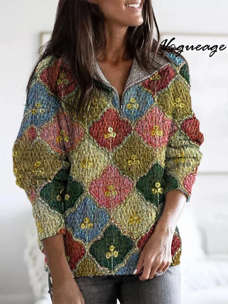 Simple And Comfortable Diamond Quadrilateral Square Pattern Zippered Long-Sleeved Sweater