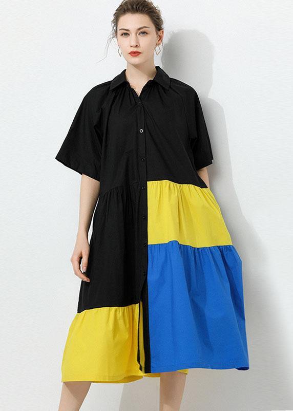 VCSHOES Black Patchwork PeterPan Collar Button Summer Cotton Dress Half Sleeve