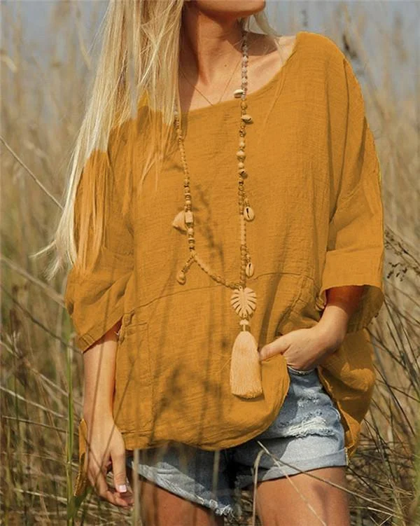 Summer Solid Women 3/4 Sleeve Casual Crew Neck Holiday Tops