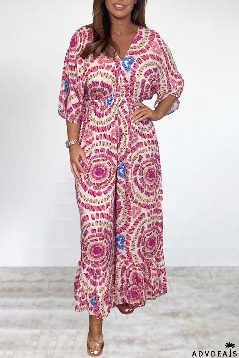 Bohemian College Print Backless V Neck Loose Jumpsuits