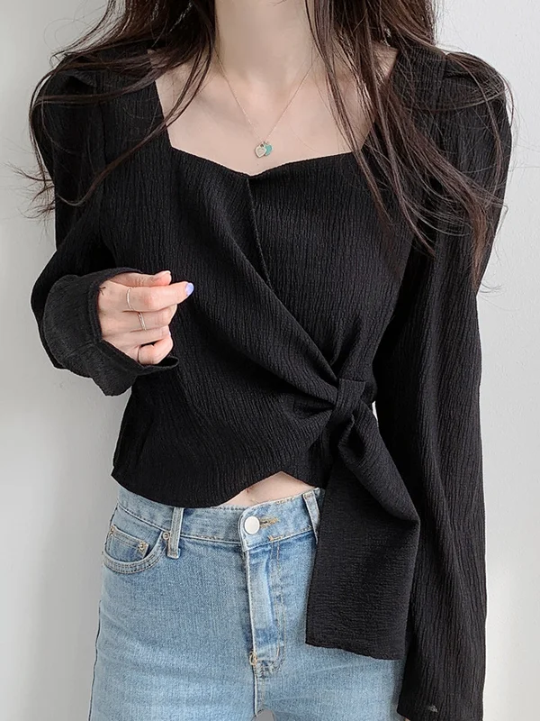 Original Solid Color Square-Neck Long Sleeves Tied Blouse