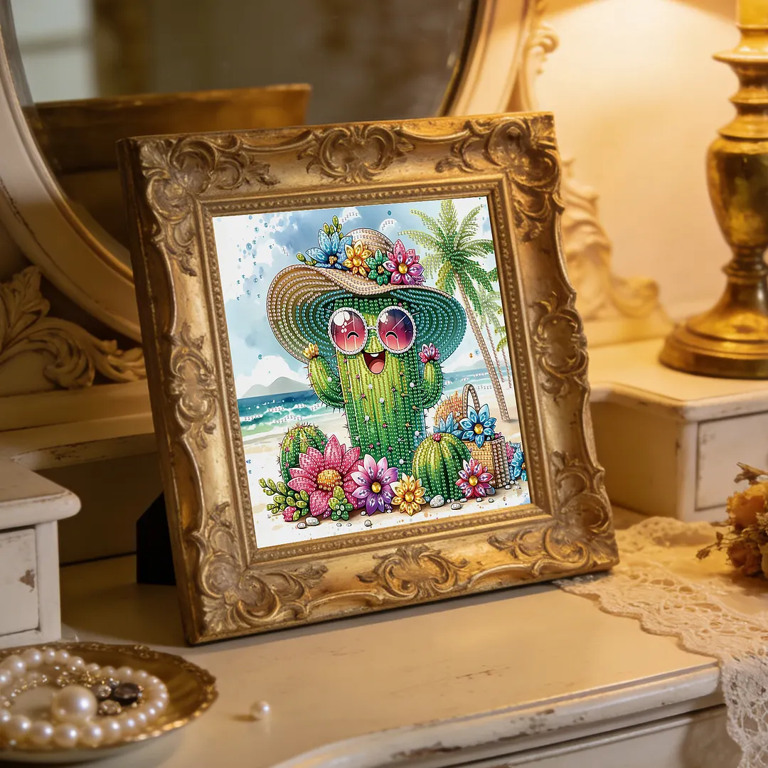 Beach Straw Hat Cactus Special Shaped 5D DIY Partial Drill Diamond Painting Kits for Adults Beginners Home Decor Diamonds Paintings Gem Art 11.81 X11.81inch