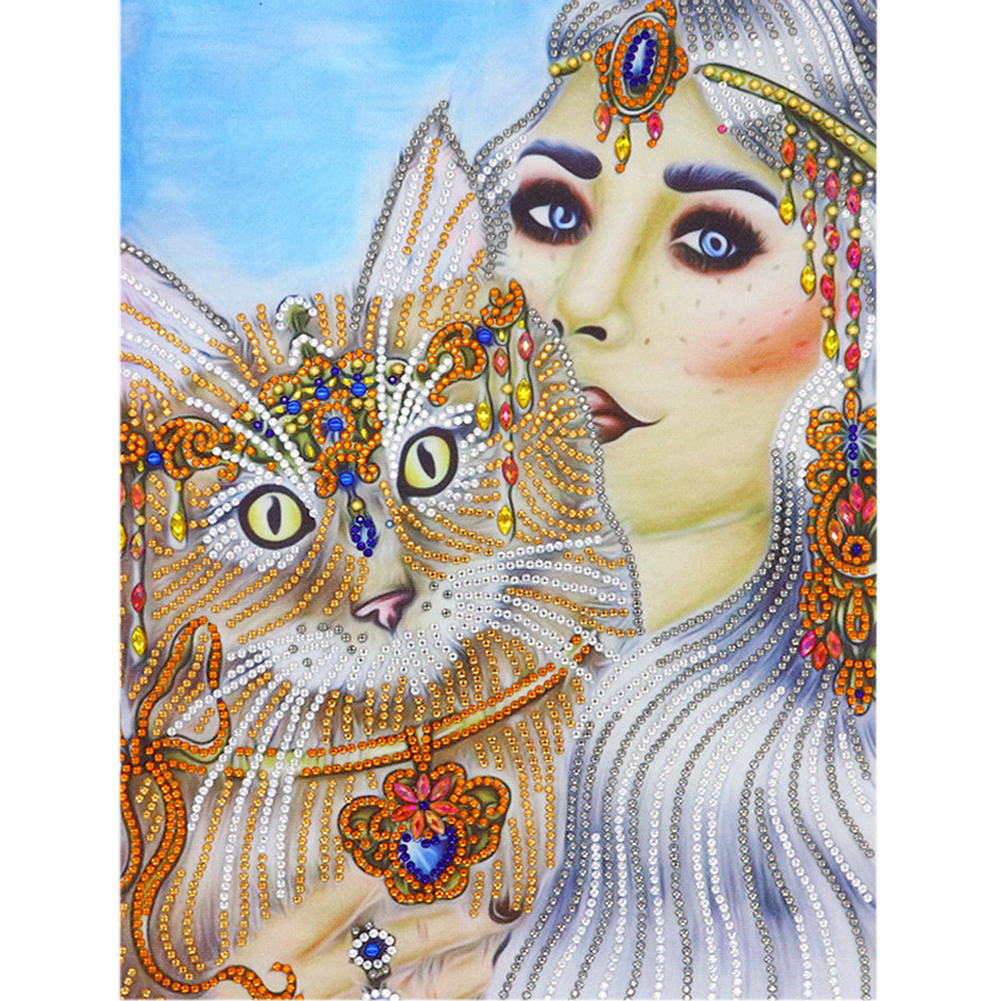 

30*40CM-Ethnic Girl Cat Digital-Special Shaped Diamond Painting, 501 Original