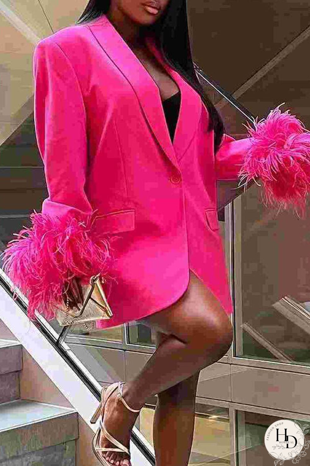 Black Casual Solid Patchwork Buttons Feathers Turn-back Collar Outerwear