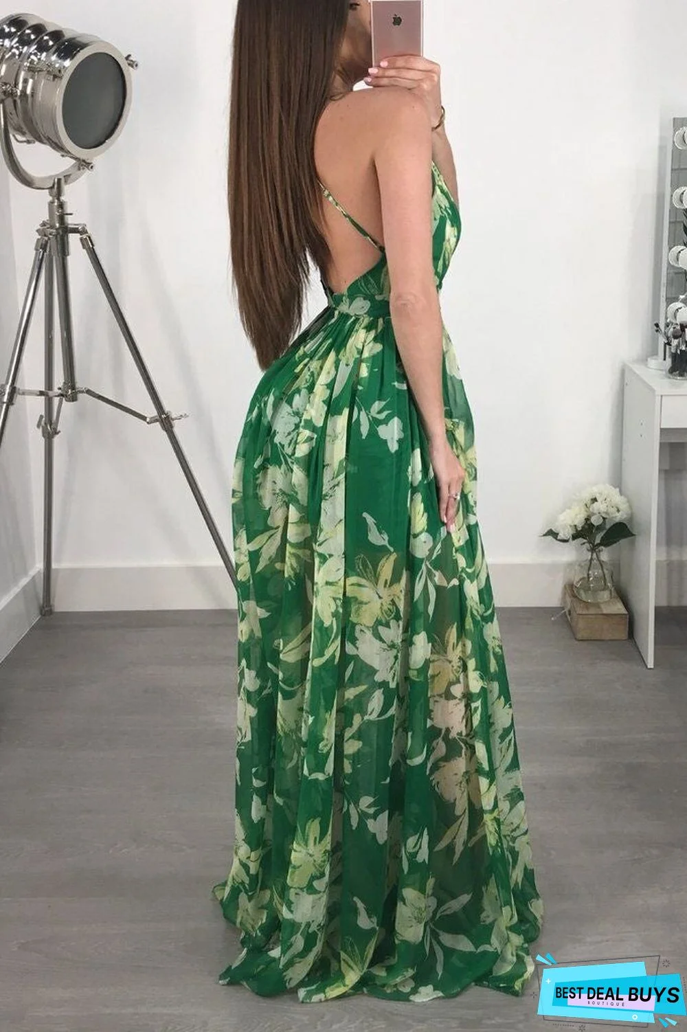 Popular European and American Deep V-Neck Open Back Chiffon Dress