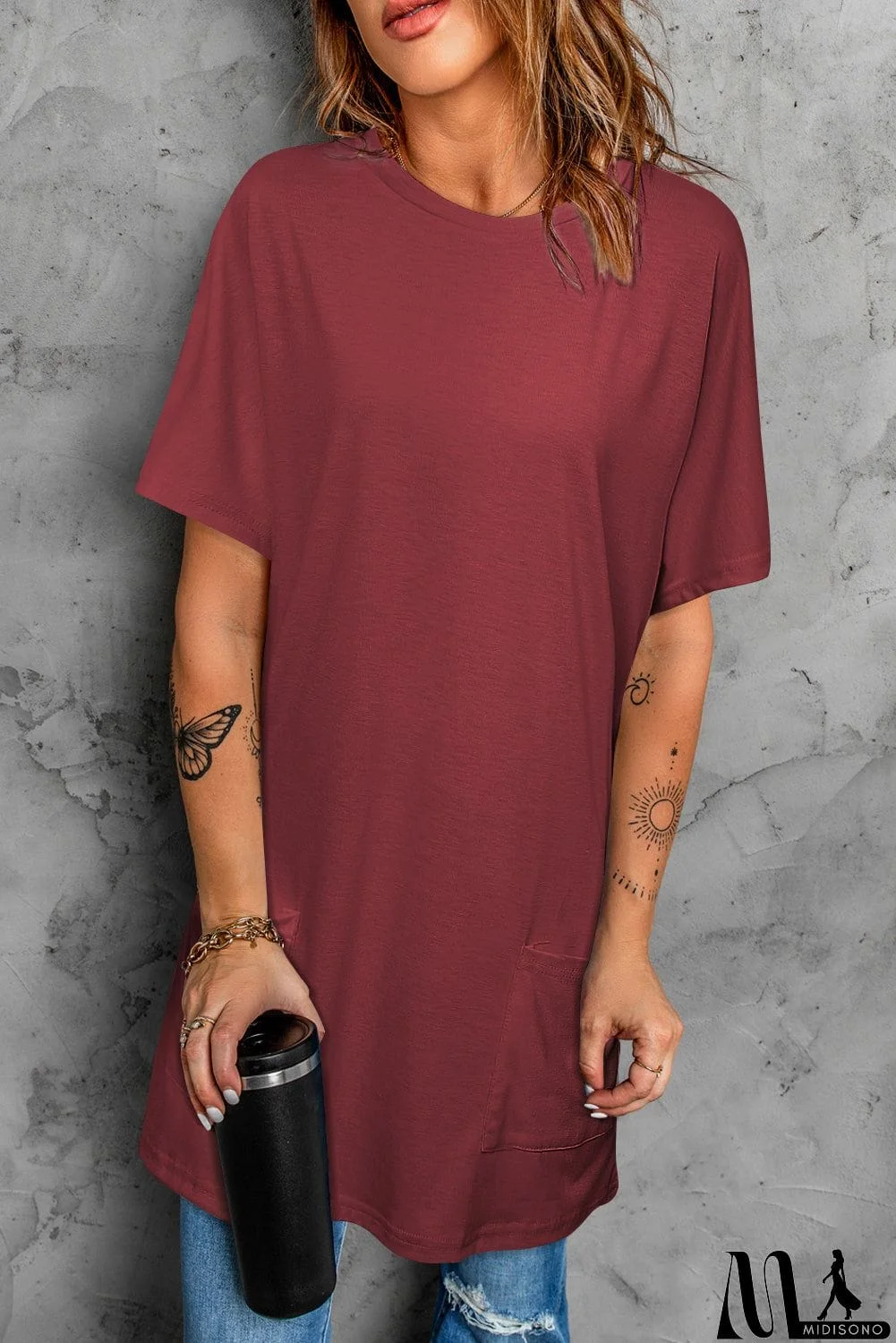 MidiSono - Round Neck Short Sleeve Tunic Tee