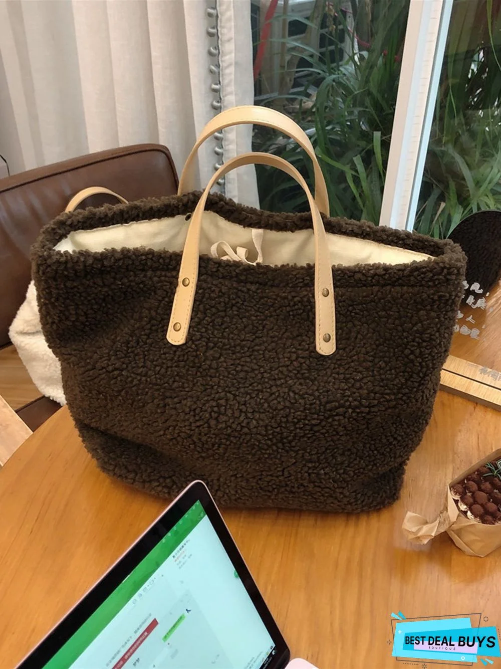 Pure Color Lambswool Large Capacity Handbag
