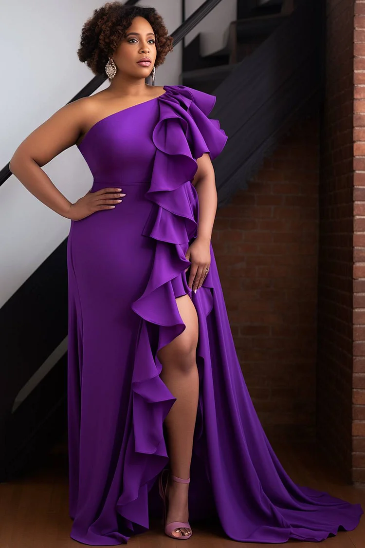 Xpluswear Design Plus Size Prom Purple Oblique Collar One Shoulder Ruffle Split Chiffon Maxi Dresses [Pre-Order] 2024 - Xpluswear