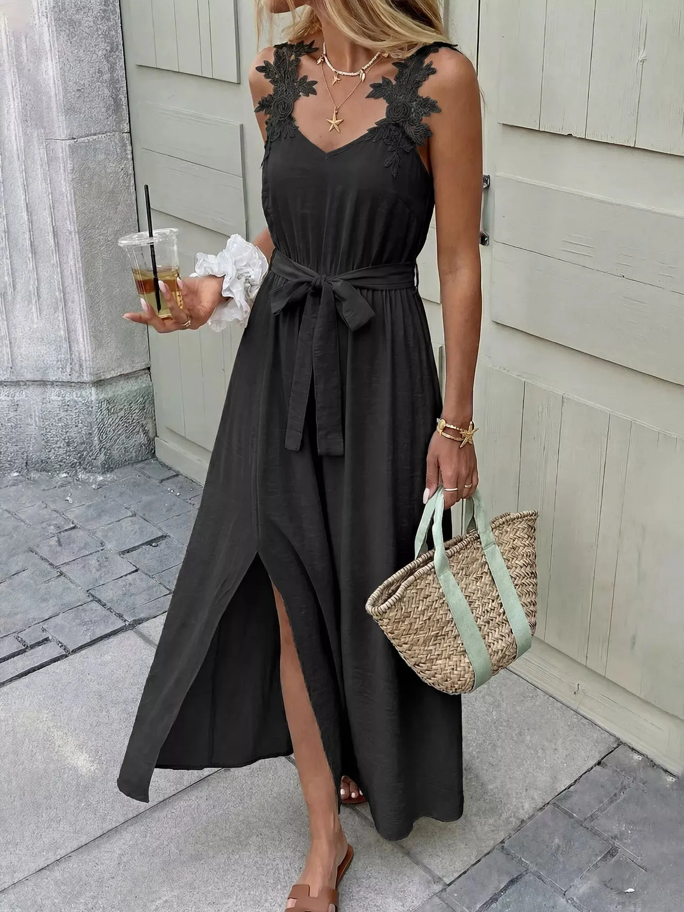 Lace Trim Slit Maxi Dress mysite idetrend