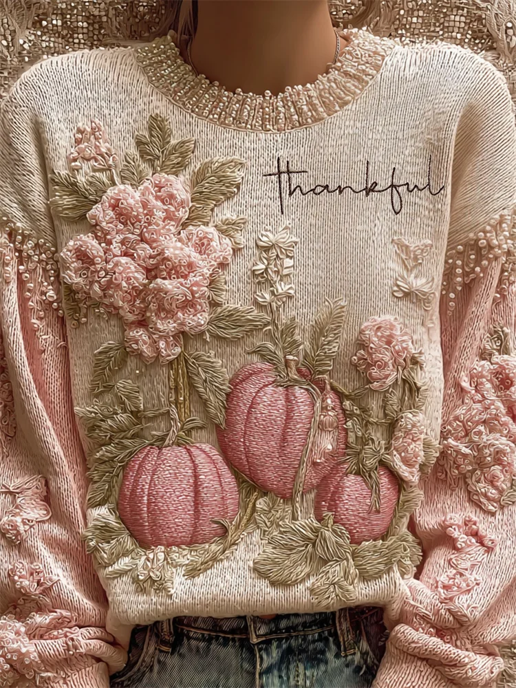 Thankful Embroidered Thanksgiving Pumpkins Floral Beaded Cozy Knit Sweater