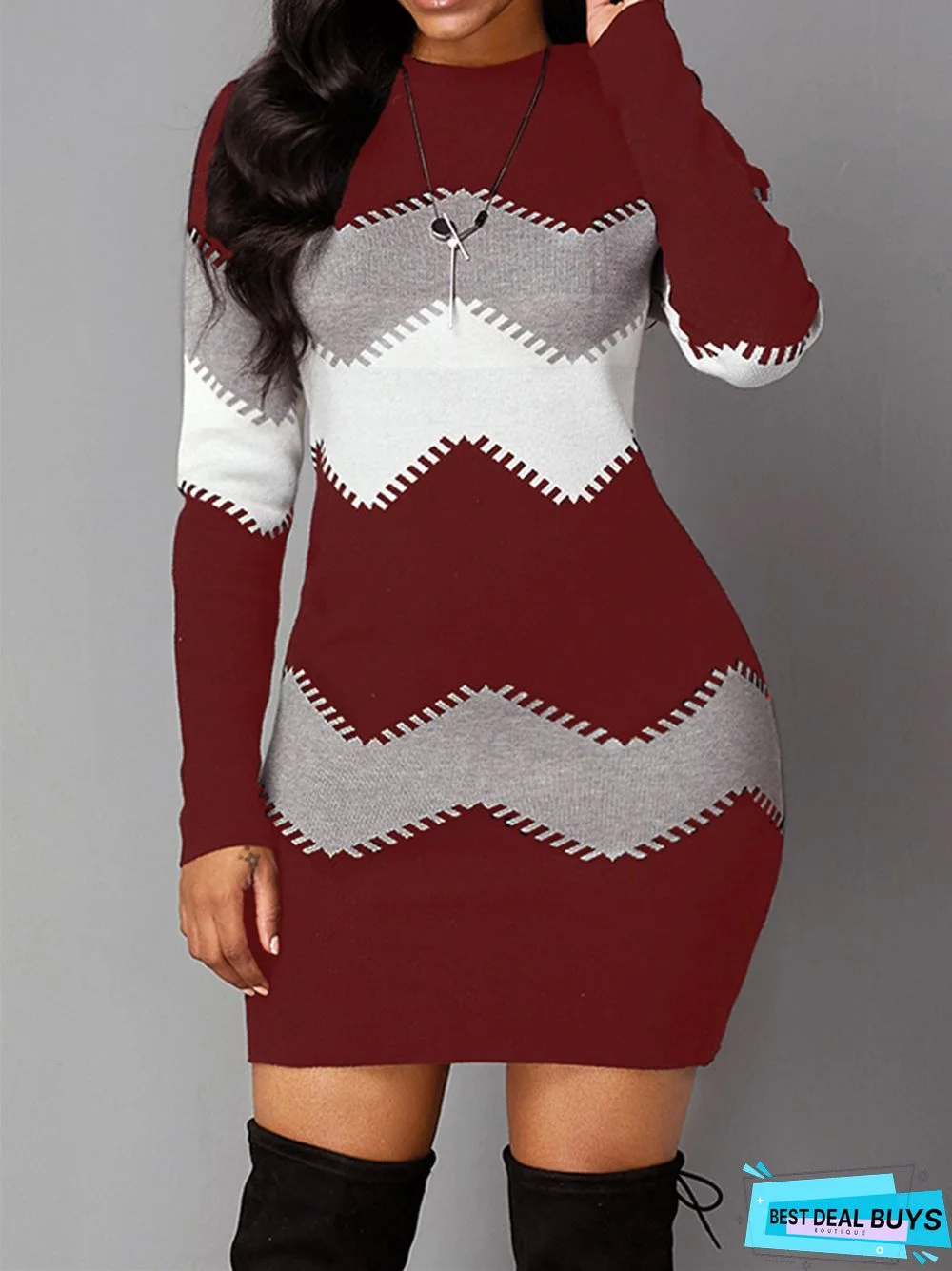 Women's Long Skirt Round Neck Long Sleeve Knitted Bag Hip Bottoming Dress Women